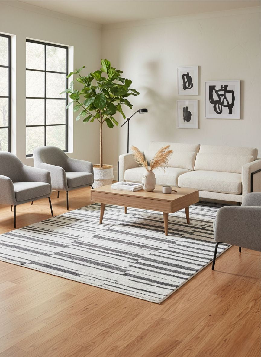 Evara Ivory Grey Lines Rug