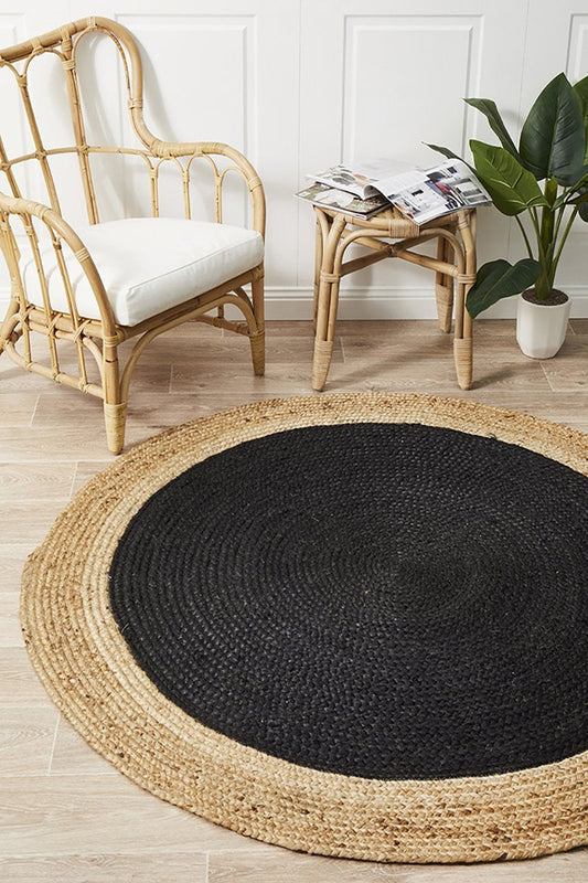 Tessura Black Jute & Cotton Round Rug