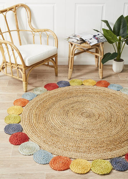 Tessura Border Multi Beige Jute & Cotton Round Rug