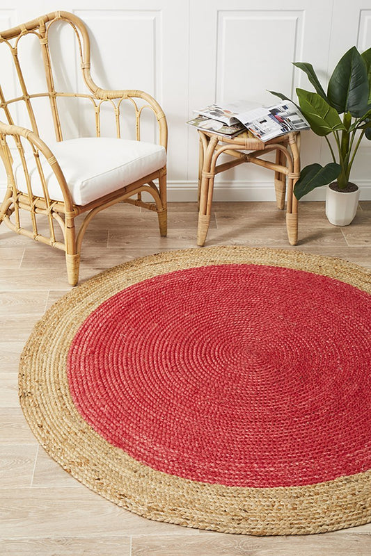 Tessura Cherry Red Jute & Cotton Round Rug